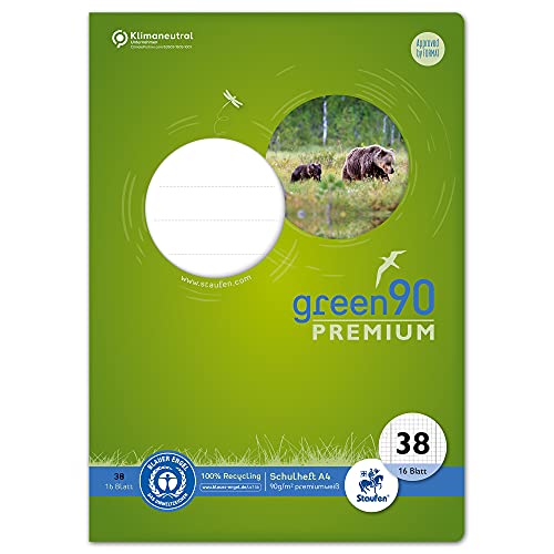 Staufen Green Heft - DIN A4, Lineatur 38 (5mm kariert, Rand perforiert), 16 Blatt, 90g/m² Recyclingpapier, runde Ecken verhindern „Eselsohren“, 4 verschiedene Motive (keine Auswahl möglich), 1 Stück von Staufen