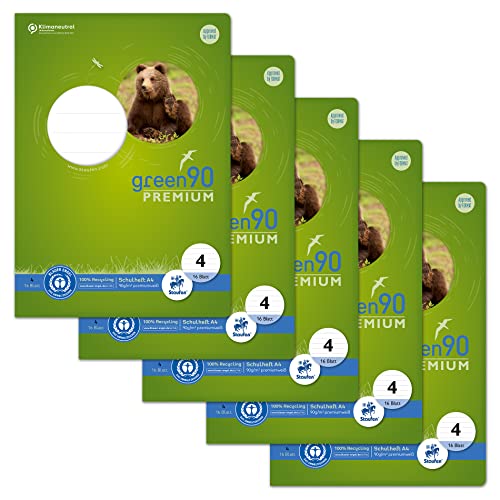 Staufen Green Heft - DIN A4, Lineatur 4 (9mm liniert), 16 Blatt, premiumweißes 90g/m² Recyclingpapier, runde Ecken verhindern „Eselsohren“, 4 verschiedene Motive (keine Auswahl möglich), 5 Stück von Staufen