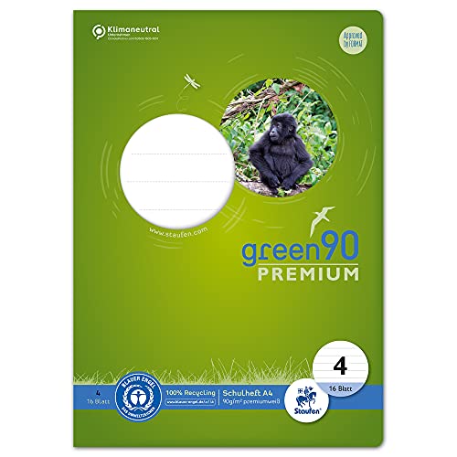 Staufen Green Heft - DIN A4, Lineatur 4 (9mm liniert), 16 Blatt, premiumweißes 90g/m² Recyclingpapier, runde Ecken verhindern „Eselsohren“, 4 verschiedene Motive (keine Auswahl möglich), 1 Stück von Staufen