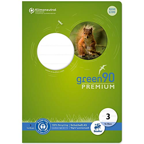 Staufen Green Heft - DIN A5, Lineatur 3 (14 Doppellinien), 16 Blatt, premiumweißes 90g/m² Recyclingpapier, runde Ecken verhindern „Eselsohren“, 1 Stück von Staufen