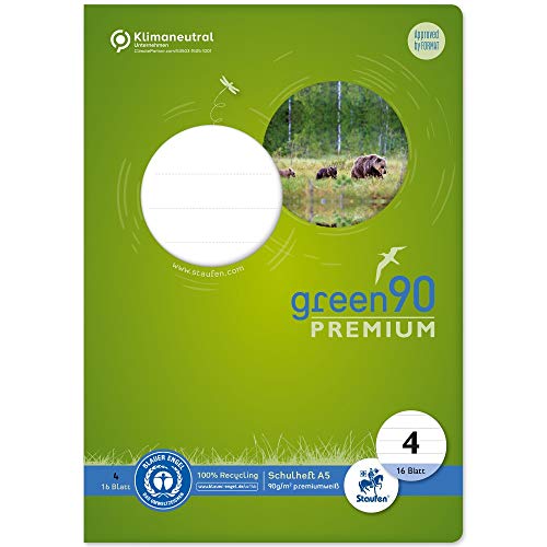 Staufen Green Heft - DIN A5, Lineatur 4 (liniert), 16 Blatt, premiumweißes 90g/m² Recyclingpapier, runde Ecken verhindern „Eselsohren“, 1 Stück von Staufen