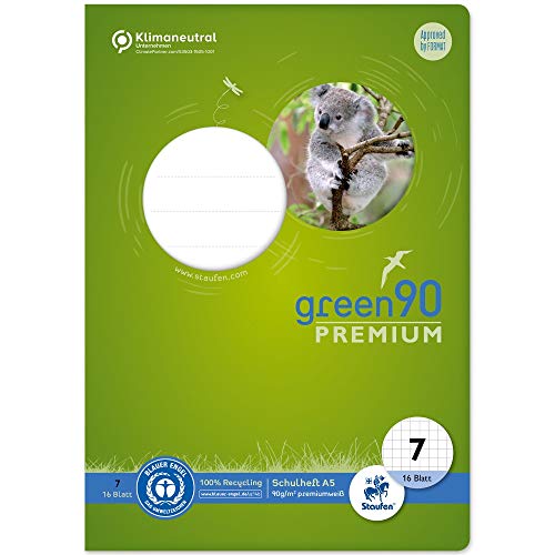 Staufen Green Heft - DIN A5, Lineatur 7 (7mm kariert), 16 Blatt, premiumweißes 90g/m² Recyclingpapier, runde Ecken verhindern „Eselsohren“, 1 Stück von Staufen