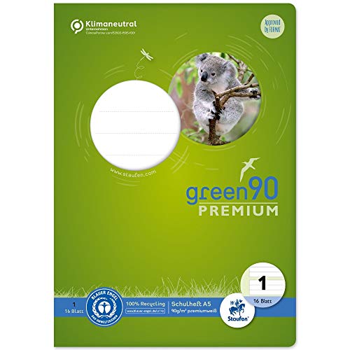 Staufen Green Schreiblernheft - DIN A5, Lineatur 1 (5/5/5mm liniert, farbig hinterlegte Lineatur), 16 Blatt, premiumweißes 90g/m² Recyclingpapier, runde Ecken verhindern „Eselsohren“, 1 Stück von Staufen