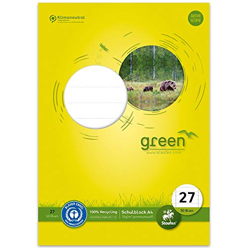 Staufen Green Schulblock - DIN A4, Lineatur 27 (9mm liniert mit Randlinien), 50 Blatt, 4-fach Lochung, premiumweißes 70g/m² Recyclingpapier, 1 Stück von Staufen