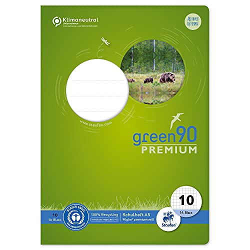 Staufen Green Schulheft - DIN A5, Lineatur 10 (5mm kariert mit Rand), 16 Blatt, 90g/m² Recyclingpapier, runde Ecken verhindern „Eselsohren“, 3 verschiedene Motive (keine Auswahl möglich), 1 Stück von Staufen