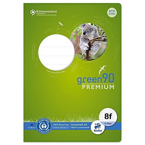 Staufen Green Schulheft - DIN A5, Lineatur 8f (5x7mm rautiert mit Rand), 16 Blatt, 90g/m² Recyclingpapier, runde Ecken verhindern „Eselsohren“, 3 verschiedene Motive (keine Auswahl möglich), 1 Stück von Staufen