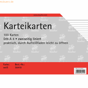 Staufen Karteikarten A4 180 g/qm liniert weiß VE=100 Stück von Staufen