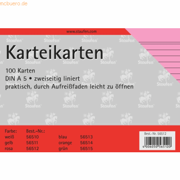 Staufen Karteikarten A5 180g/qm liniert rosa VE=100 Stück von Staufen