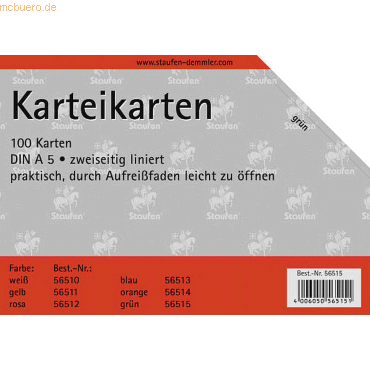 Staufen Karteikarten A5 liniert 180g/qm grün VE=100 Stück von Staufen