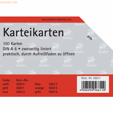 Staufen Karteikarten A6 liniert 180g/qm gelb VE=100 Stück von Staufen