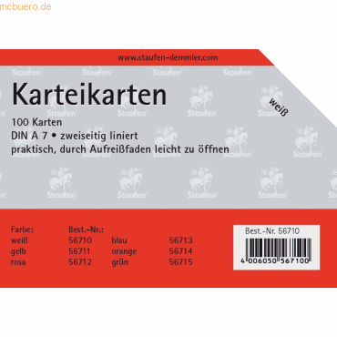 Staufen Karteikarten A7 kariert 180g/qm weiß VE=100 Stück von Staufen