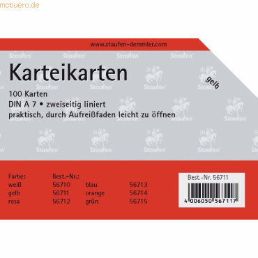 Staufen Karteikarten A7 liniert 180g/qm gelb VE=100 Stück von Staufen