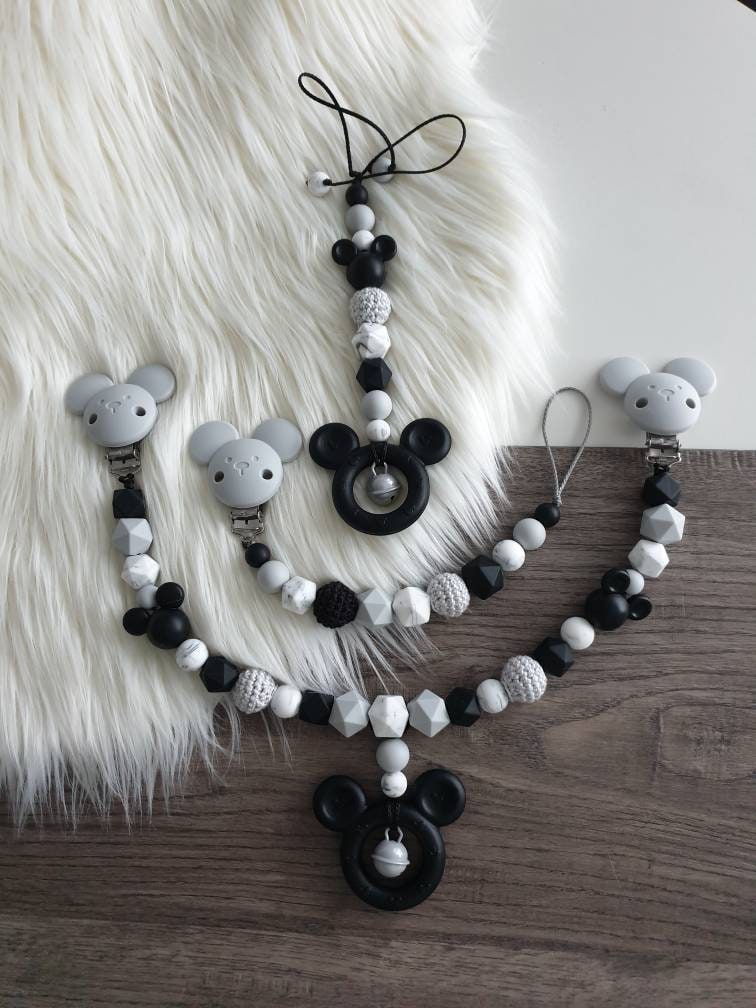 Mickeymaus 3Tlg Set Schwarz Grau Marble Bestehend Aus Kinderwagenkette, Schnullerkette Und Maxicosyanhänger , Mädchen, Junge von StaysisShnullerkette