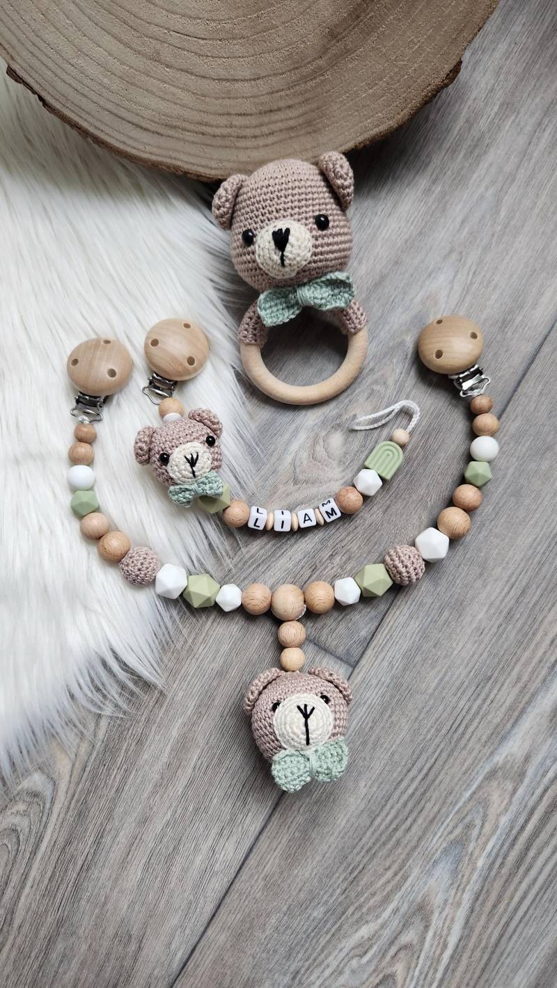 Schnullerkette Kinderwagenkette Set Bär Personalisiert Mit Wunschnamen Geschenk von StaysisShnullerkette