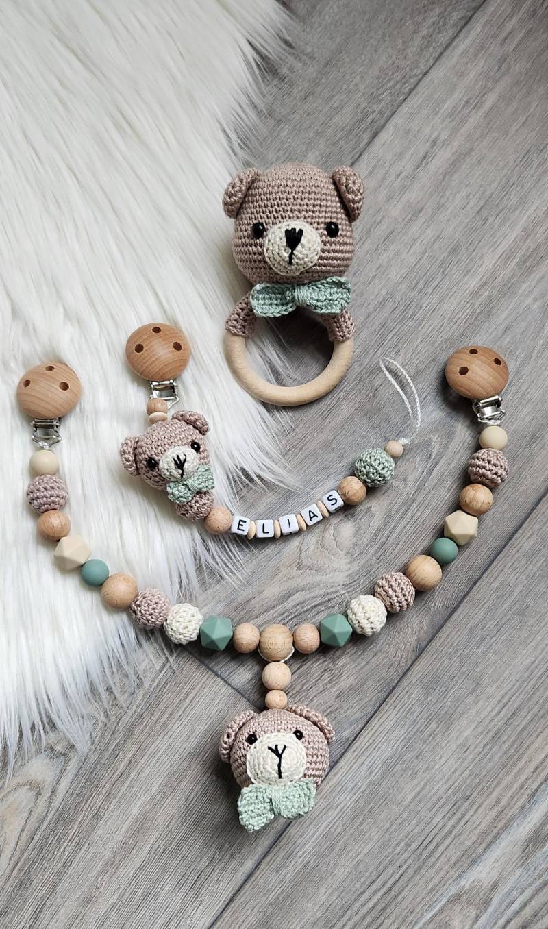 Schnullerkette Kinderwagenkette Set Bär Personalisiert Mit Wunschnamen von StaysisShnullerkette