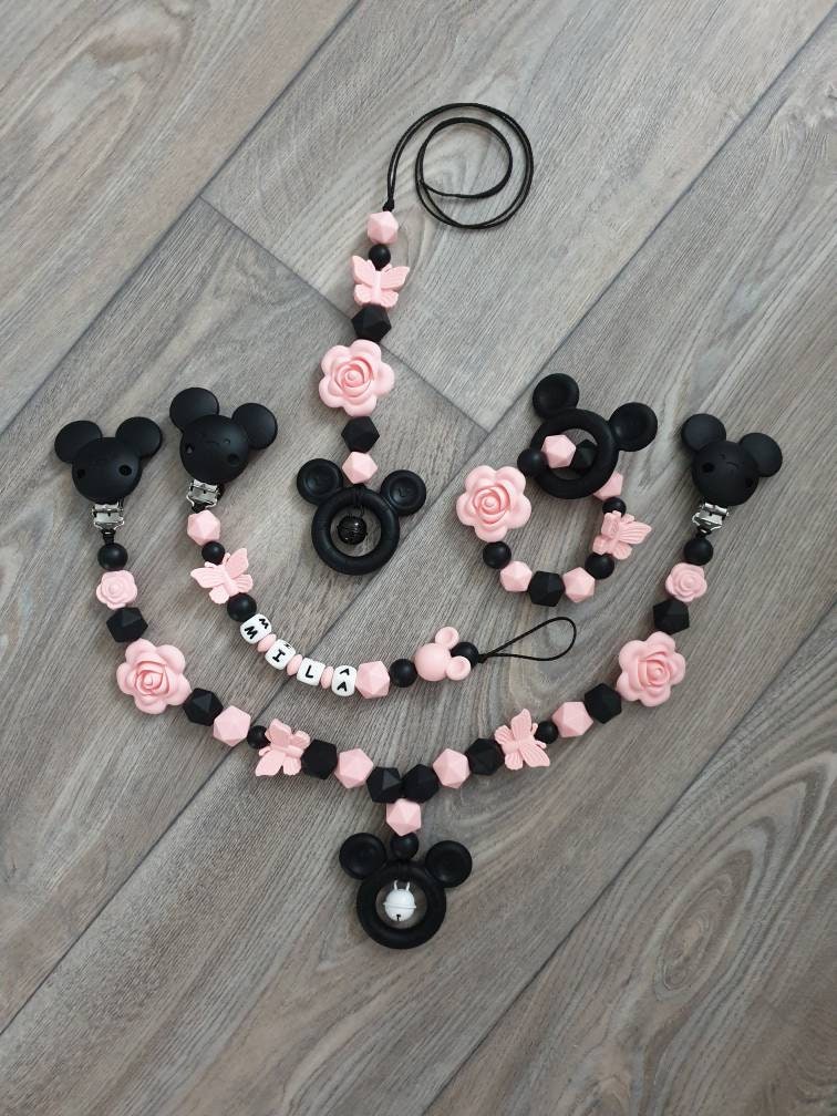 Schnullerkette Kinderwagenkette Set Personalisiert Wunschname Mickey Maus Babyshower Babyparty Taufe Geschenk Geburt Mädchen von StaysisShnullerkette