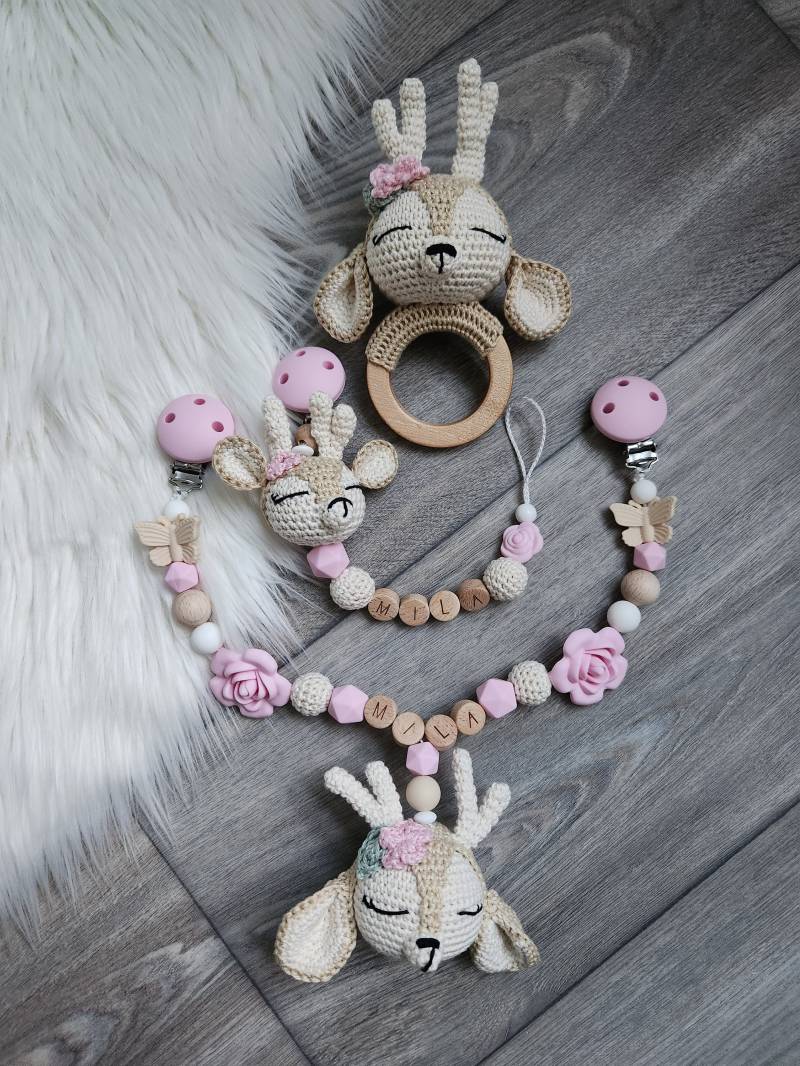 Schnullerkette Mit Namen, Kinderwagenkette, Bambi, Reh, Mädchen Schleife Handmade von StaysisShnullerkette