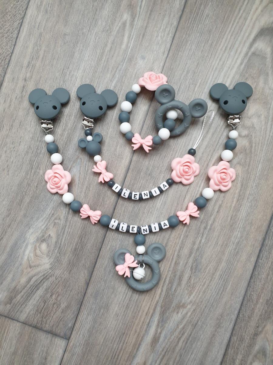 Schnullerkette Mit Namen/Kinderwagenkette Set Mickymaus/ Rose Schleife von StaysisShnullerkette