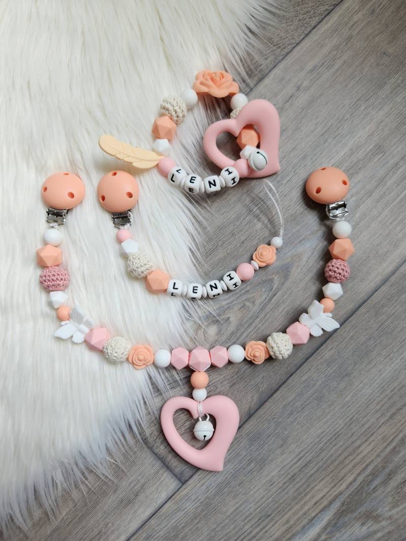 Schnullerkette Mit Namen Kinderwagenkette Silikon Mädchen Set Rose von StaysisShnullerkette