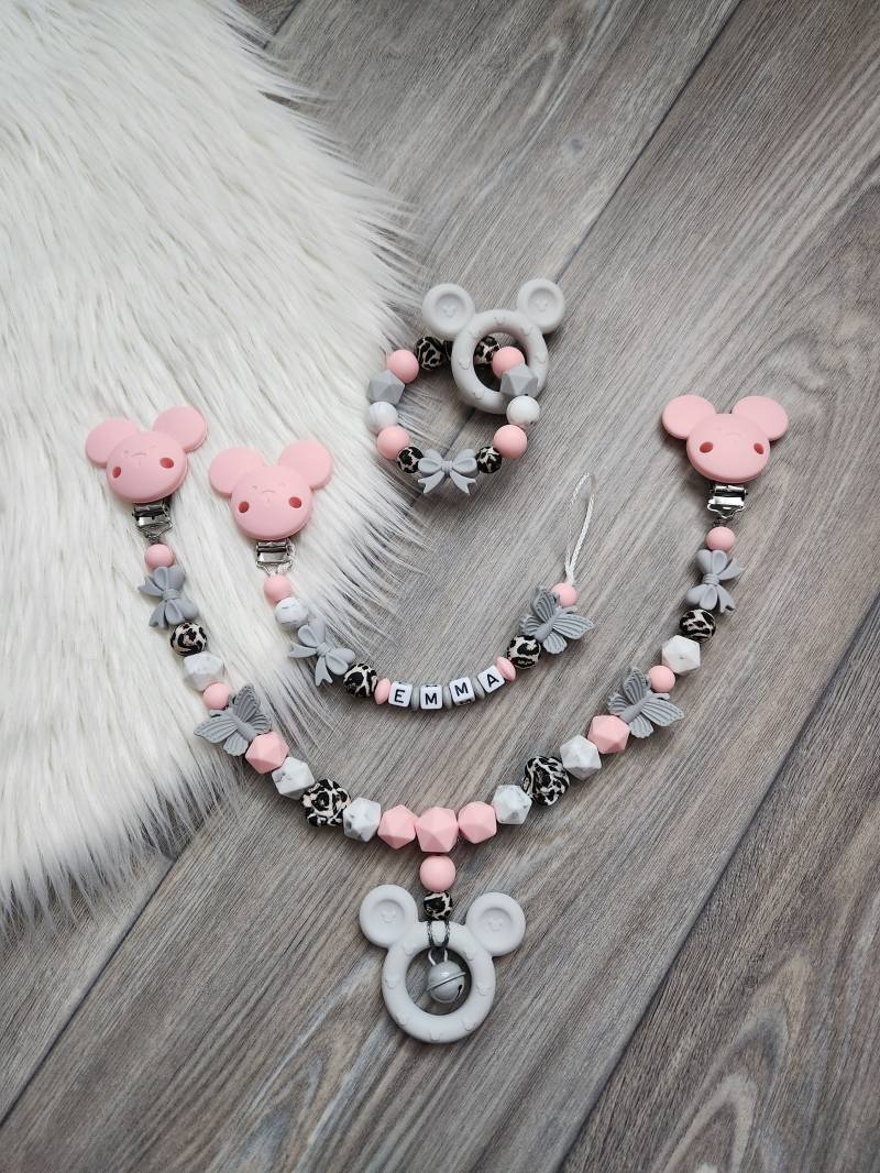 Schnullerkette Personalisiert Wunschname Mädchen Mickymaus Roda Babyparty Geschenk Set von StaysisShnullerkette