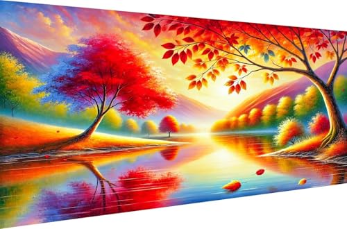 Diamond Painting 5D DIY Full Drill Set Diamant Malerei Kits Home Dekoration Geschenk Malen nach Zahlen für Erwachsene Crystal Strass Stickerei Herbstbäume und Reflexionen,Quadrat Bohrer,50X25cm von Stceaol