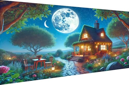 Diamond Painting 5D DIY Full Drill Set für Erwachsene Home Dekoration Geschenk Malen nach Zahlen Crystal Strass Stickerei Diamant Malerei Kits Ein gemütliches Haus bei Mondlicht,Runde Bohrer,50X25cm von Stceaol