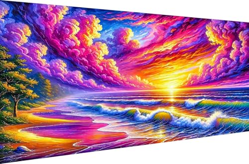 Diamond Painting Crystal Strass Stickerei Diamant Malerei Kits für Erwachsene 5D DIY Full Drill Set Malen nach Zahlen Home Dekoration Geschenk Bunter Sonnenuntergang am Strand,Quadrat Bohrer,70X35cm von Stceaol