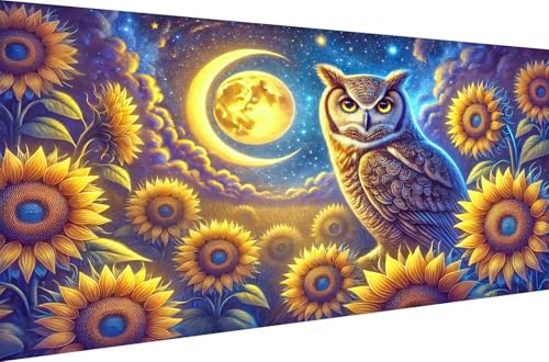 Diamond Painting Crystal Strass Stickerei Malen nach Zahlen Home Dekoration Geschenk 5D DIY Full Drill Set Diamant Malerei Kits für Erwachsene Eule in einem sternenklaren Feld,Quadrat Bohrer,70X35cm von Stceaol