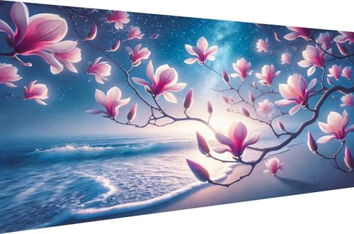 Diamond Painting Crystal Strass Stickerei Malen nach Zahlen für Erwachsene Home Dekoration Geschenk 5D DIY Full Drill Set Diamant Malerei Kits Magnolien am Meer bei Nacht,Quadrat Bohrer,50X25cm von Stceaol