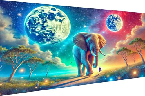 Diamond Painting Crystal Strass Stickerei für Erwachsene Home Dekoration Geschenk Malen nach Zahlen 5D DIY Full Drill Set Diamant Malerei Kits Elefant unter zwei Monden,Runde Bohrer,50X25cm von Stceaol