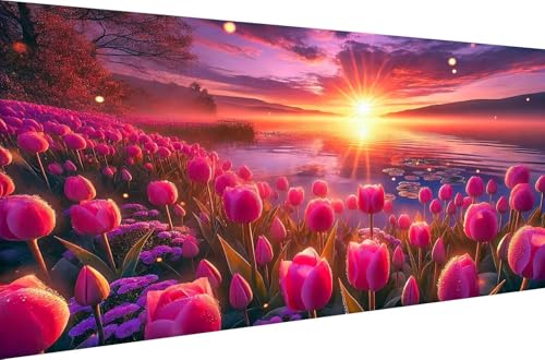 Diamond Painting Malen nach Zahlen 5D DIY Full Drill Set für Erwachsene Diamant Malerei Kits Crystal Strass Stickerei Home Dekoration Geschenk Tulpen am See,Quadrat Bohrer,70X35cm von Stceaol