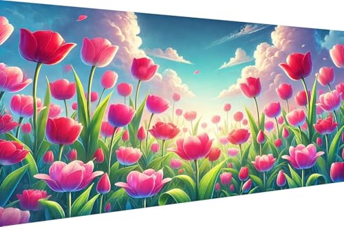 Diamond Painting Malen nach Zahlen Home Dekoration Geschenk 5D DIY Full Drill Set Crystal Strass Stickerei Diamant Malerei Kits für Erwachsene Ein Tulpenfeld,Runde Bohrer,40X20cm von Stceaol