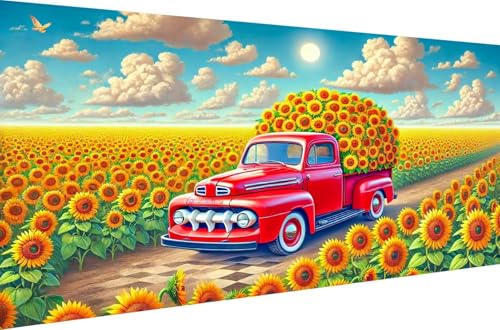 Diamond Painting Malen nach Zahlen Home Dekoration Geschenk Crystal Strass Stickerei für Erwachsene 5D DIY Full Drill Set Diamant Malerei Kits Lkw mit Sonnenblumen,Runde Bohrer,70X35cm von Stceaol