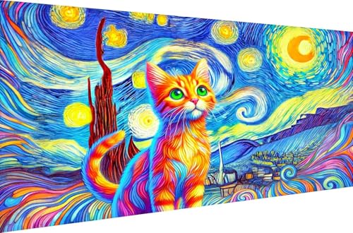 Diamond Painting für Erwachsene Crystal Strass Stickerei Diamant Malerei Kits Home Dekoration Geschenk 5D DIY Full Drill Set Malen nach Zahlen Bunte Katze unter Sternen,Quadrat Bohrer,40X20cm von Stceaol