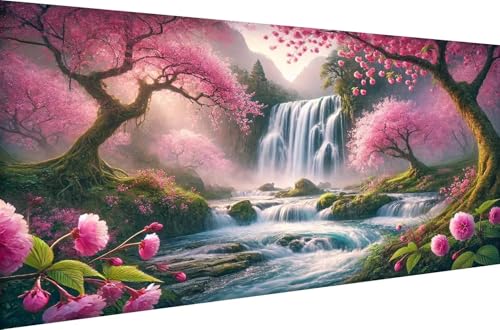 Diamond Painting für Erwachsene Malen nach Zahlen Diamant Malerei Kits Crystal Strass Stickerei 5D DIY Full Drill Set Home Dekoration Geschenk Wasserfall im rosafarbenen Garten,Quadrat Bohrer,140X70cm von Stceaol