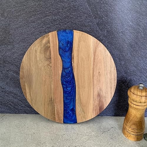 Rundes Akazienholz Schneidebrett mit Epoxidharz Welle, Servierbrett, Käsebrett Ø25cm (Blau) von Steak Delight