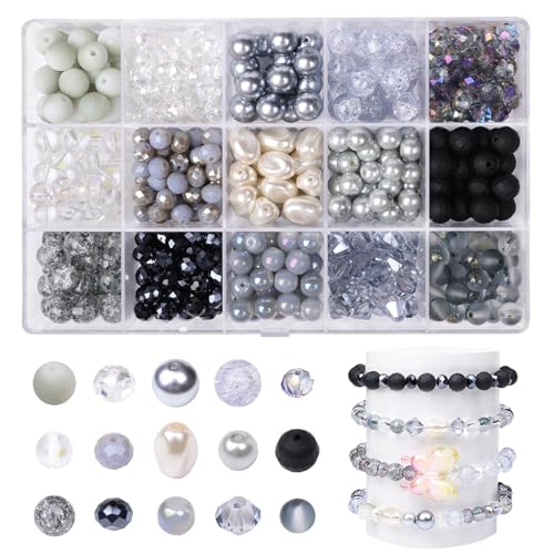 Glasperlen Perlen Set Perlen für Armbänder - 560 Stück, Acrylperlen, Set mit Löchern, runde Perlen für DIY-Schmuckherstellung, Halskette, Armband, Set (15 Farben) von Stealth stone