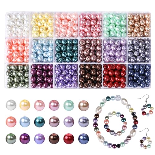Glass Pearl Beads Kit Perlen für Armbänder - 1050 Pcs Acrylic Pearl Beads Set with Holes Round Beads for DIY Jewellery Making Necklace Bracelet Making Kit (18-Colors) von Stealth stone