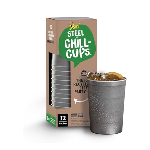 Steel Chill Cups Partybecher, 473 ml, perfekt für kalte Getränke, robust und langlebig, Einwegbecher und 100 % recycelbar, hergestellt in den USA, Grau, 12 Stück von Steel Chill Cups