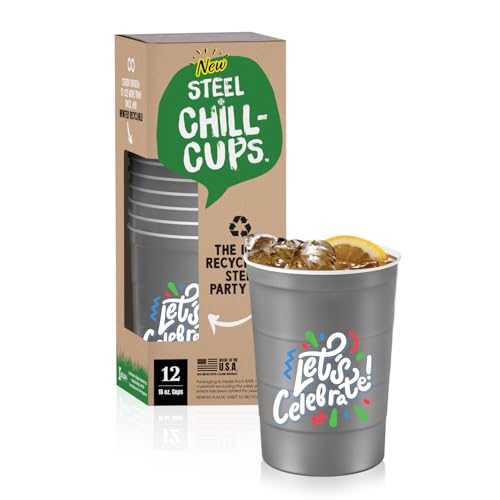 Steel Chill Cups Partybecher mit Aufschrift "Let's Celebrate" und "Let's Party", ideal für Getränke, robust, Einwegbecher und 100 % recycelbar, hergestellt in den USA, Grau, 12 Stück von Steel Chill Cups