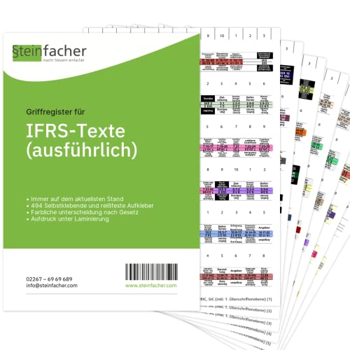 Steinfacher Griffregister für IFRS-TEXTE (IAS-VO, IASB, IAS, IFRS, IFRIC, SIC), inkl. Einklebeschablone für gebundene Textausgaben (ausführlich - 494 Aufkleber | mit Folien) von Steinfacher