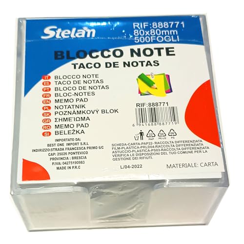 Notizblock 80 x 80 mm mit 500 weißen Haftnotizen, mit Halterung aus Kunststoff von Stelan