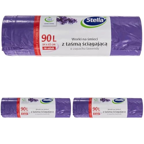 Stella 009916 Müllbeutel mit Zugband 90 L | 10 Stück | Lavendelduft | Müllsack Mülltüte Abfallsäcke für Den Hausmüll Büro aus LDPE-Folie Hergestellt/aus Regranulat Farbe: Lavendel/Violette von Stella pack