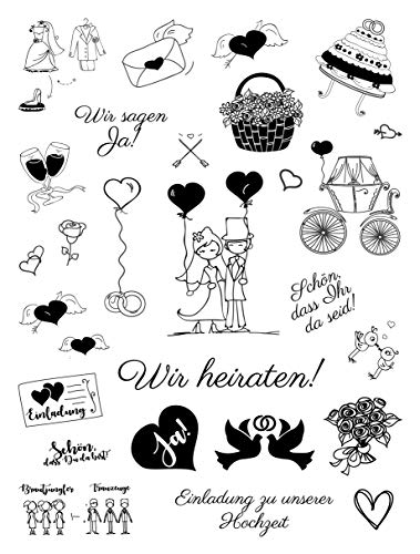 Stempelset Hochzeit - 27 Clear Stamps auf A5 - für unvergessliche Hochzeitskarten, Tischkarten, Danksagungen uvm. von Stemplino