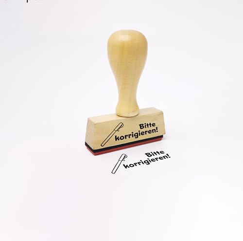 Stemplino® Lehrerstempel - Bitte korrigieren - 50mm x 15mm - Holzstempel mit Text für Lehrer zum Korrigieren von Tests, Stempel für Lob für Pädagogen Schule von Stemplino