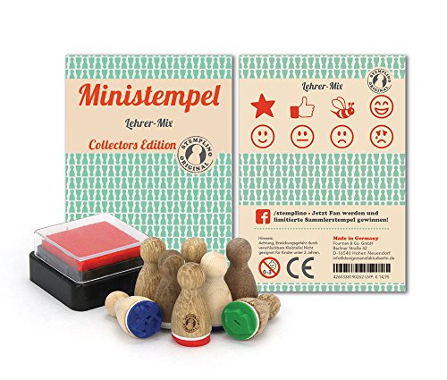 Stemplino Stempel Lehrer Stempelset Holzstempel für Lehrer Lobstempel Smiley Bienchen Like Stern original inkl. Stempelkissen von Stemplino