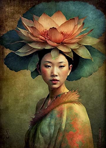 Asiatische Frau Reispapier-Poster, 29,21 x 40,64 cm – 1 einzigartiges bedrucktes Maulbeer-Papier-Kunstposter, Bild, 36 g/m², sichtbare Fasern für Decoupage-Möbelrenovierungs-Handwerk. von Stencil Company