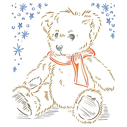 Stencil Company Teddybär-Schablone, 16,5 x 16,5 cm (S) - Flauschiger Tatty Scruffy Teddy Schal Sterne Kinder Design Große Kinderzimmer Schablonen zum Malen Vorlage (GB-KS2252S) von Stencil Company