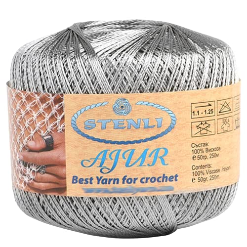 Viscose Garn Grau Silber mit Glitzer Zum Häkeln und Sticken 1 mm, 50 gr, 250 m von Stenli