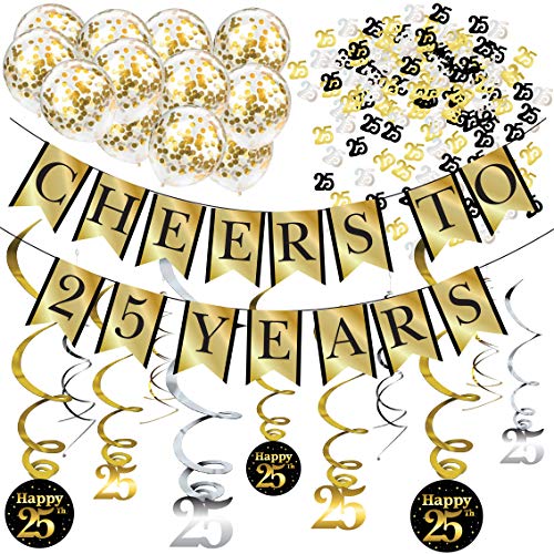 25. Geburtstag Party Dekorations-Set – "Cheers to 25 Years" Banner, Ballons, Wirbelgirlanden und Konfetti Partyzubehör für Geburtstage, Jahrestage und weitere Anlässe von Sterling James Co.